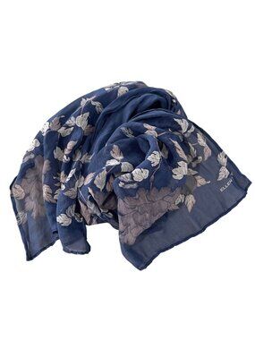 Ellen Tracy Scarf Silk Sheer Floral Leaf Print Neck Wrap Blue White Lightweight